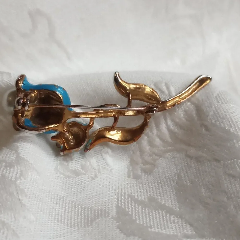 Enameled Teal Vintage Tulip Flower Brooch, Rhinestones faux pearl pot metal 2.5